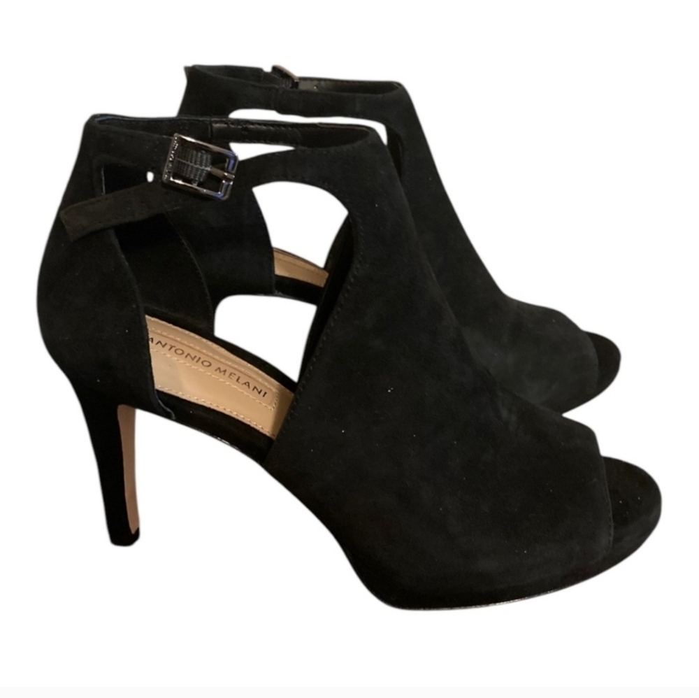 Antonio Melani Black Suede Open Toe Heels Size 6